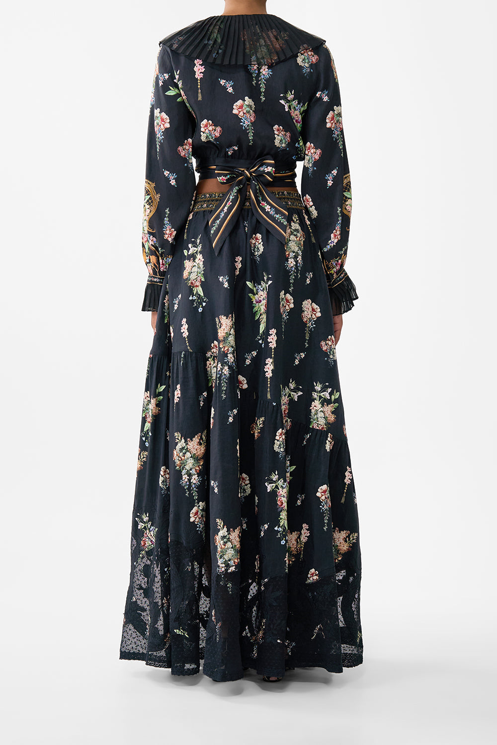 The CAMILLA Cropped Wrap Top With Pleated Detail in our Noble Endeavours print.