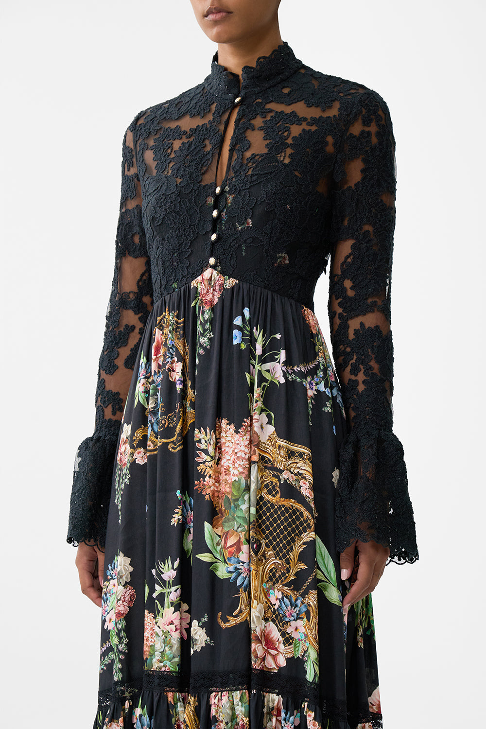 The CAMILLA Lace Bodice Maxi Dress in our Noble Endeavours print.
