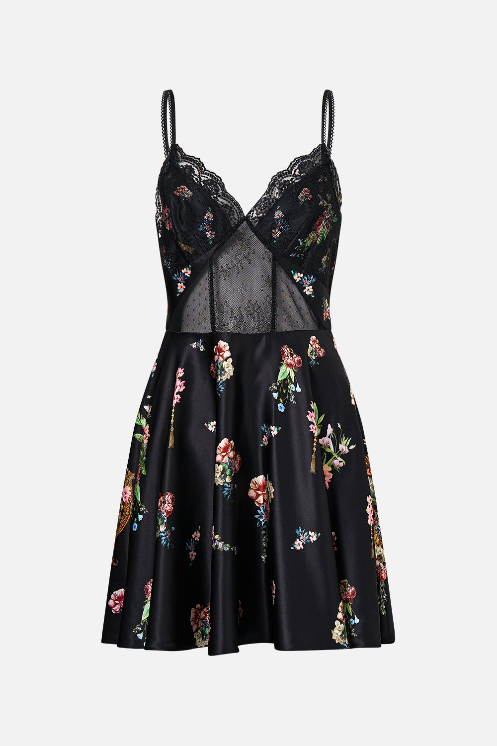 The CAMILLA SPLICED LACE MINI DRESS NOBLE ENDEAVOURS in our  print.