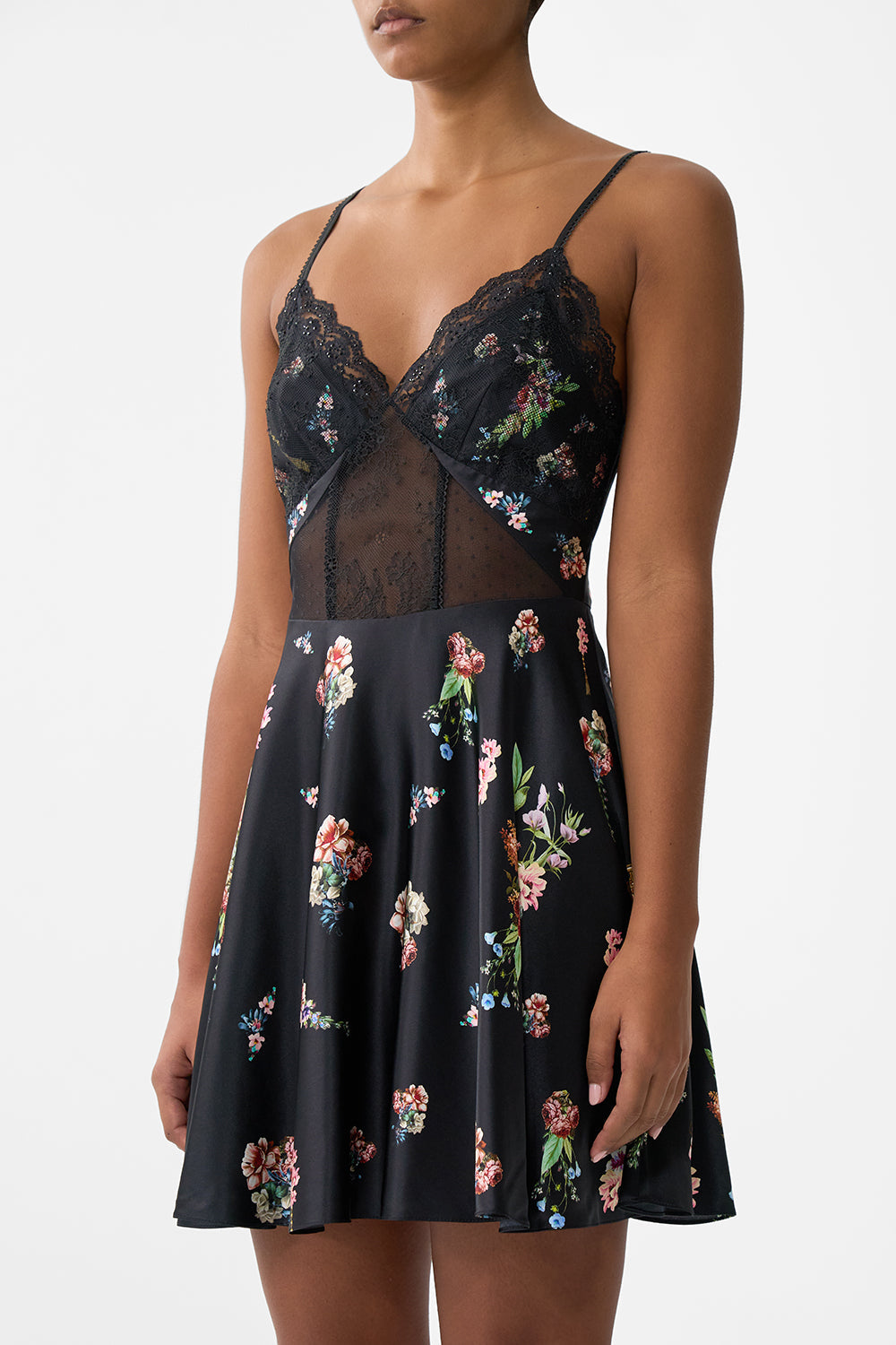 The CAMILLA SPLICED LACE MINI DRESS NOBLE ENDEAVOURS in our  print.
