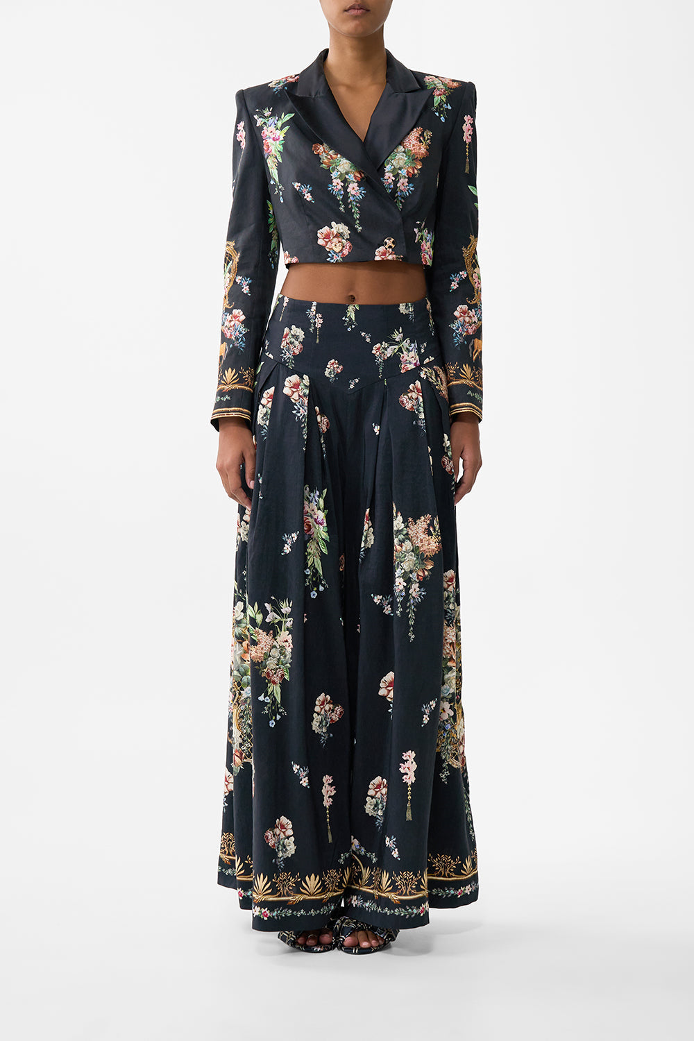 The CAMILLA CROPPED TAILORED DOUBLE BREASTED JACKET NOBLE ENDEAVOURS in our NOBLE ENDEAVOURS print.