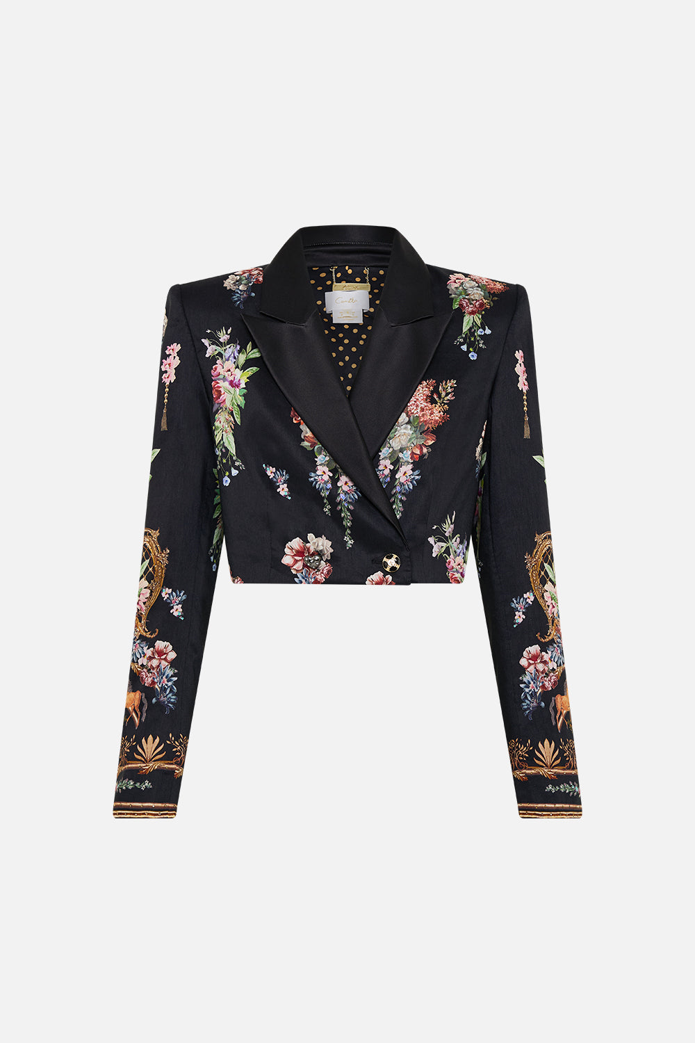 The CAMILLA Cropped Tailored Double Breasted Jacket in our Noble Endeavours print.