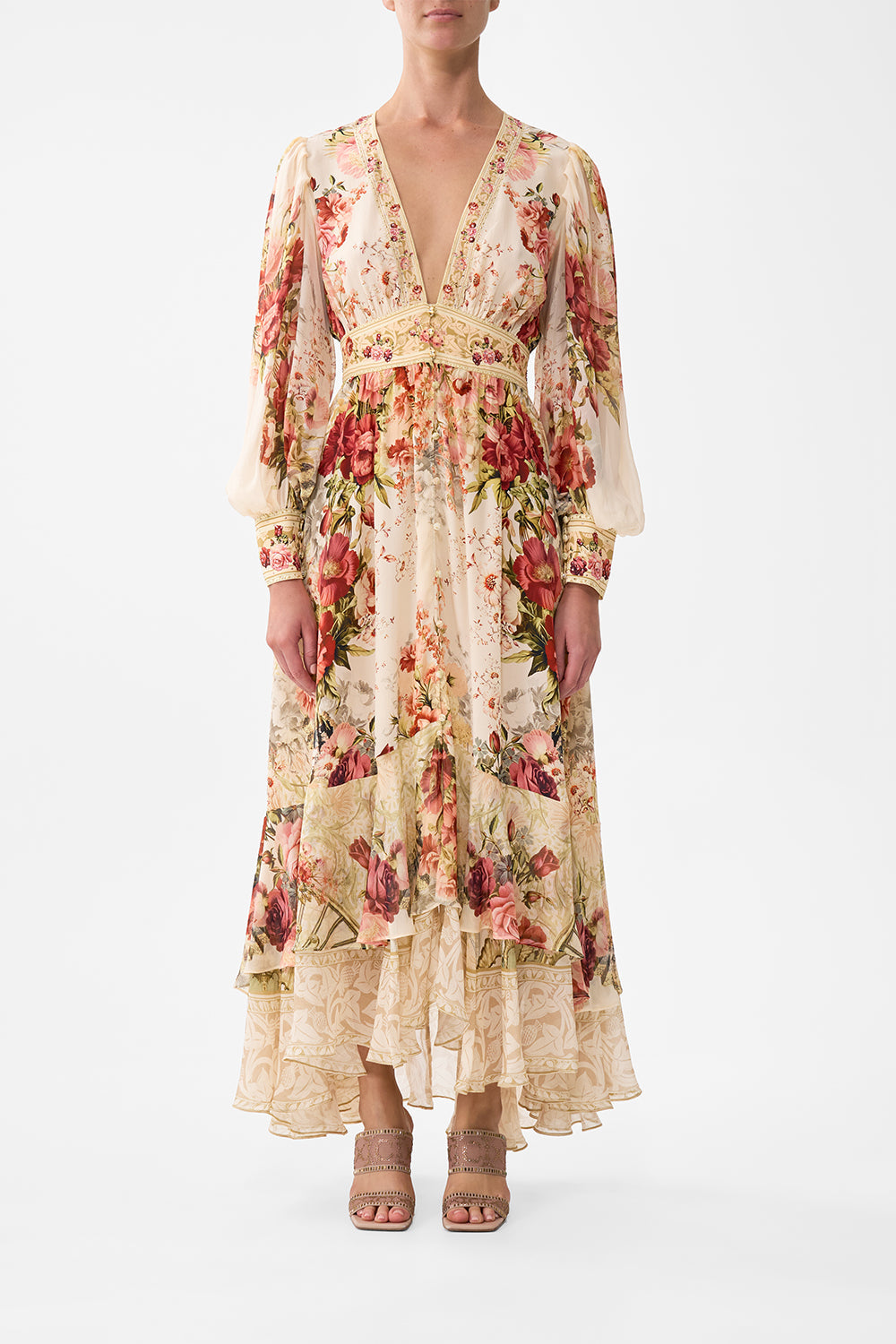 The CAMILLA LONG BUTTON FRONT DRESS MEET ME AT THE MAJESTIC in our MEET ME AT THE MAJESTIC print.