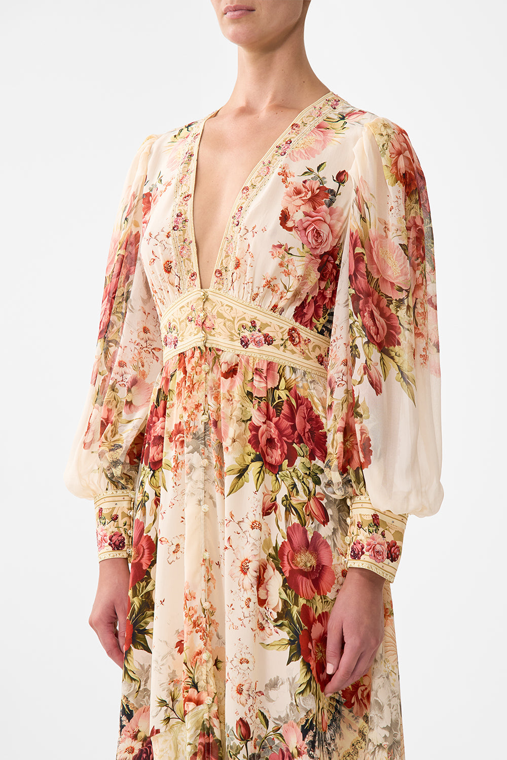 The CAMILLA Long Button Front Dress in our Meet Me At The Majestic print.