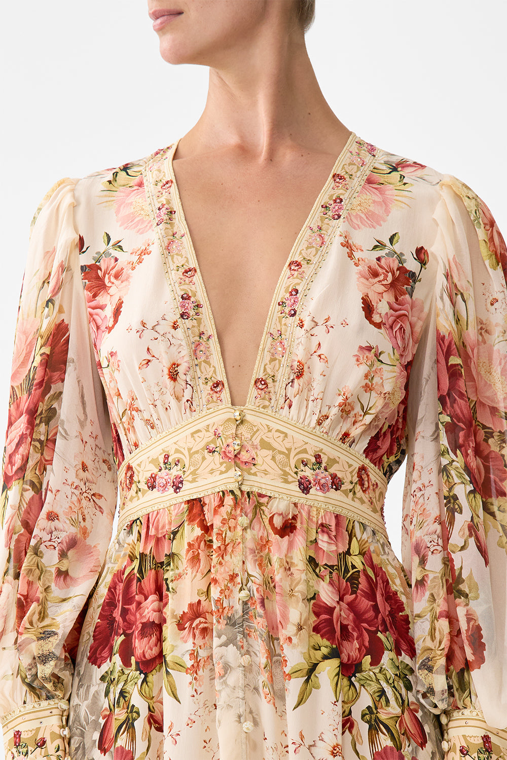 The CAMILLA LONG BUTTON FRONT DRESS MEET ME AT THE MAJESTIC in our  print.
