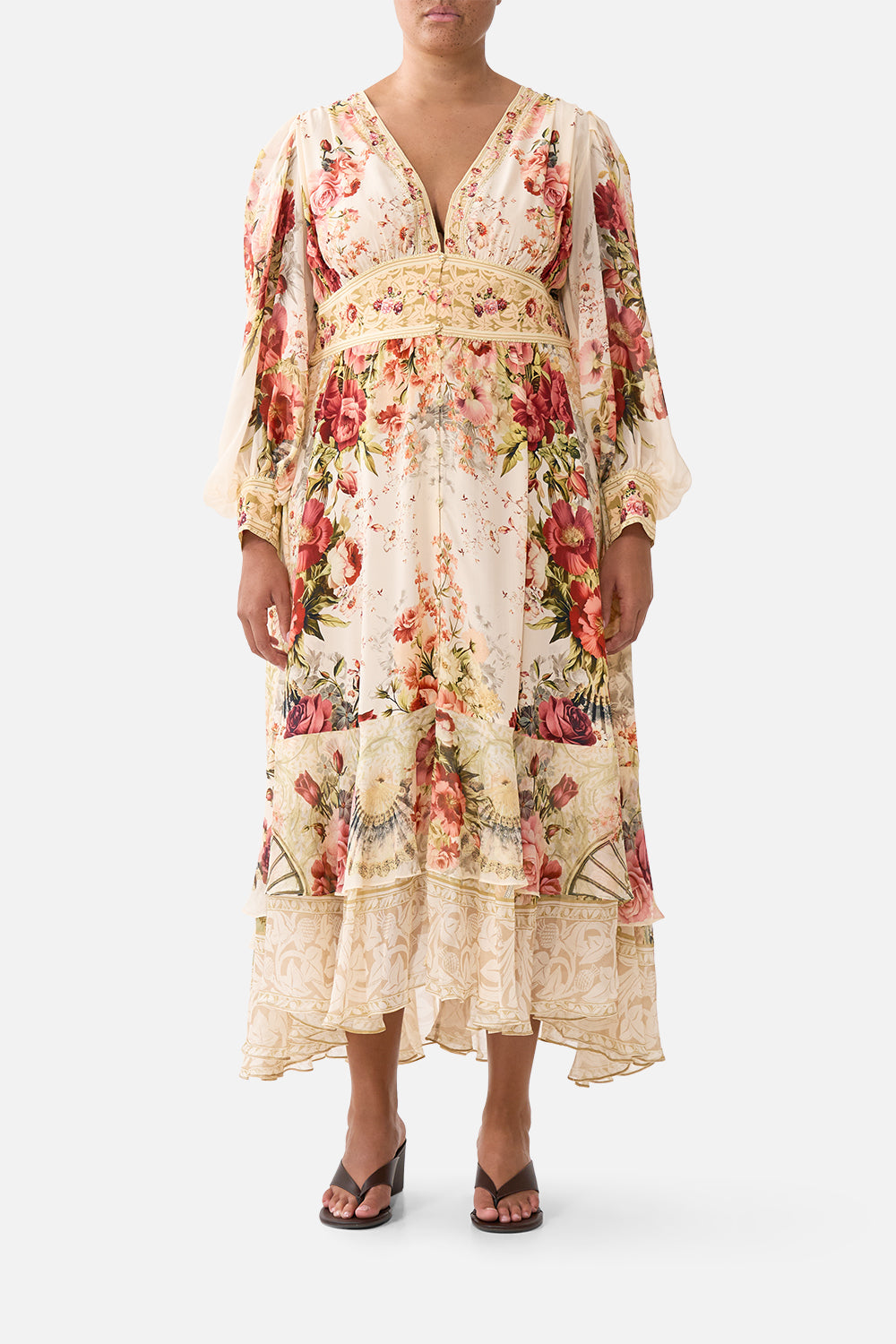 The CAMILLA LONG BUTTON FRONT DRESS MEET ME AT THE MAJESTIC in our  print.