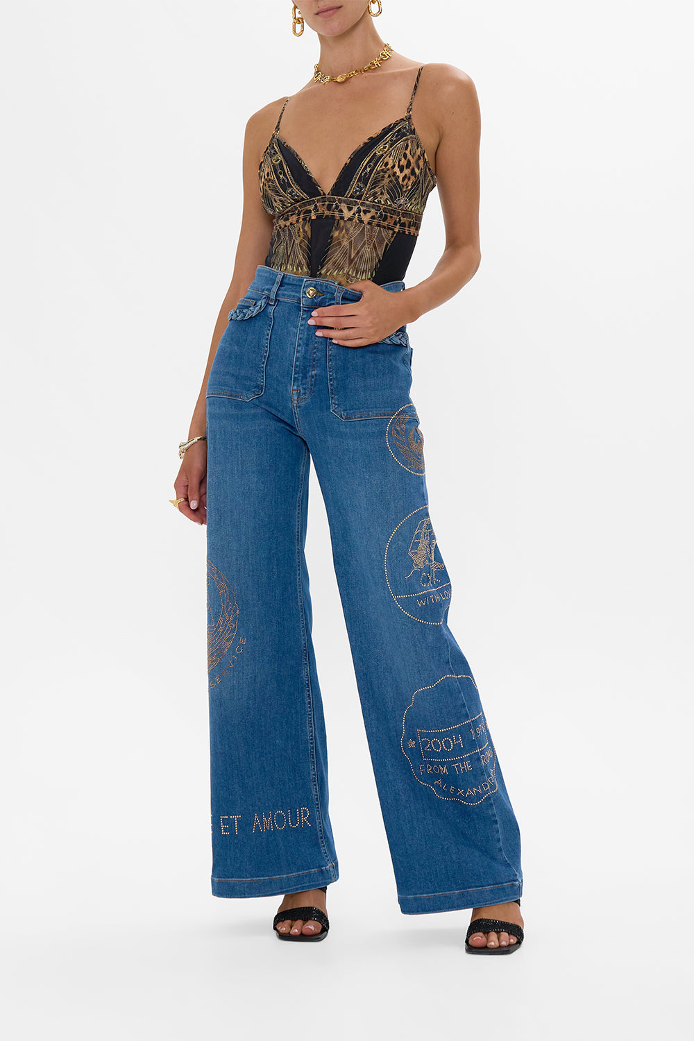 The CAMILLA JENNA SOUL SEEKER HIGH WAISTED FLARE DENIM in our DENIM print.