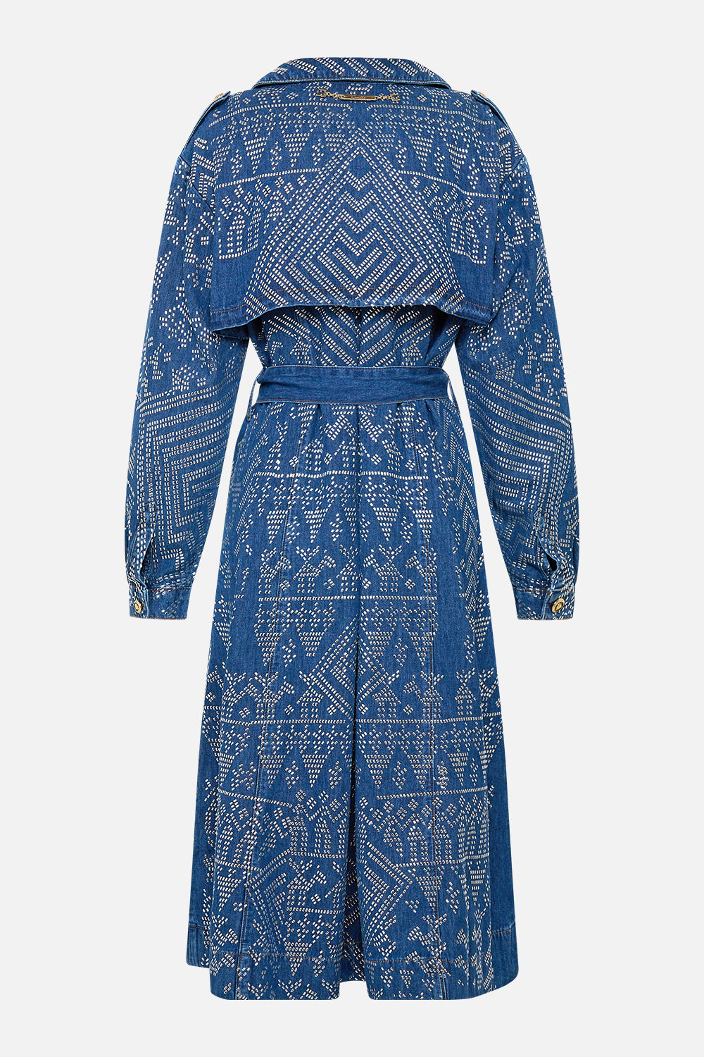 The CAMILLA DESERT REIGN LONGLINE BELTED TRENCH COAT DENIM in our  print.