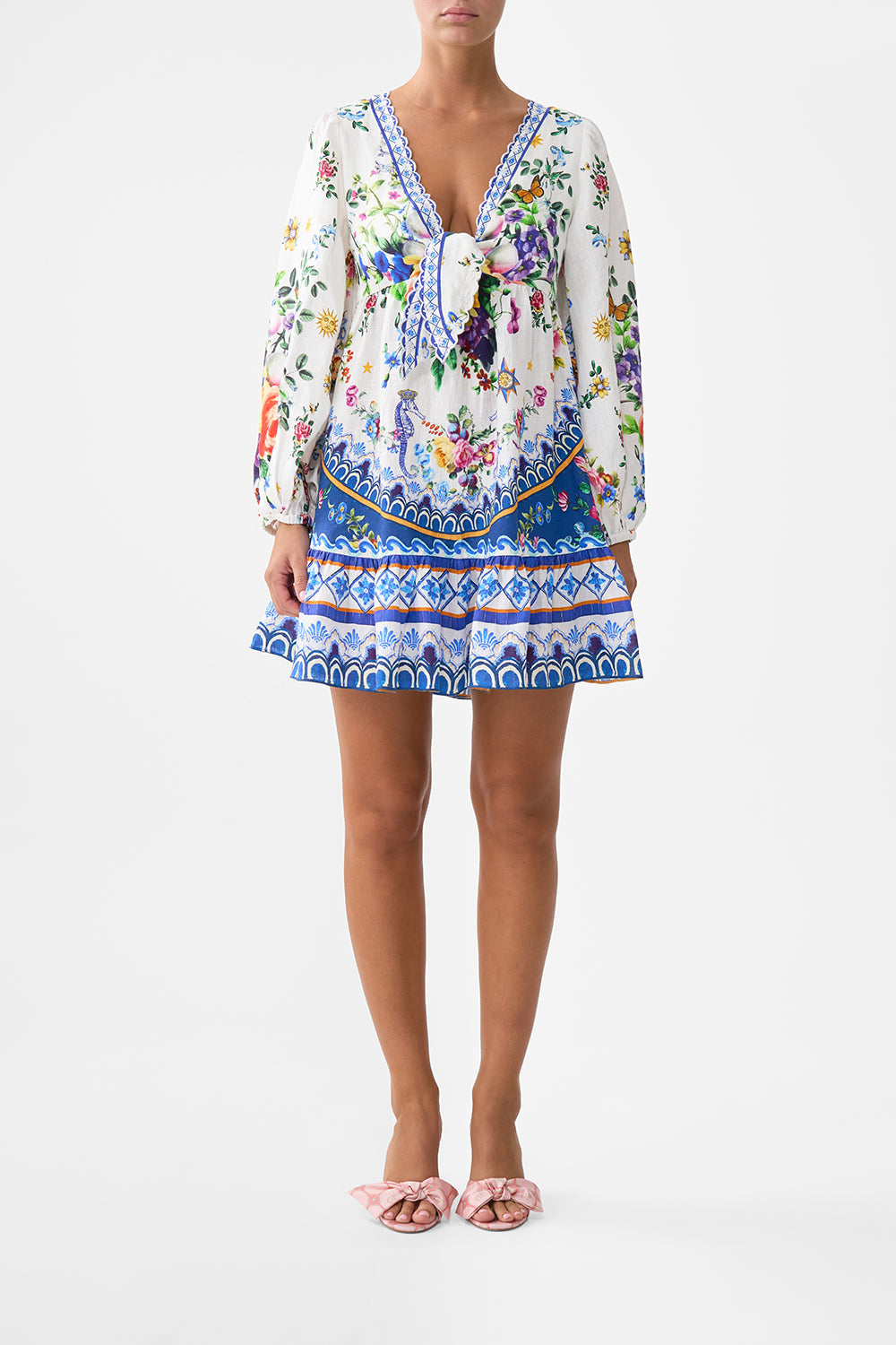 The CAMILLA Short Tie Front Blouson Dress in our Tiles Darls print.