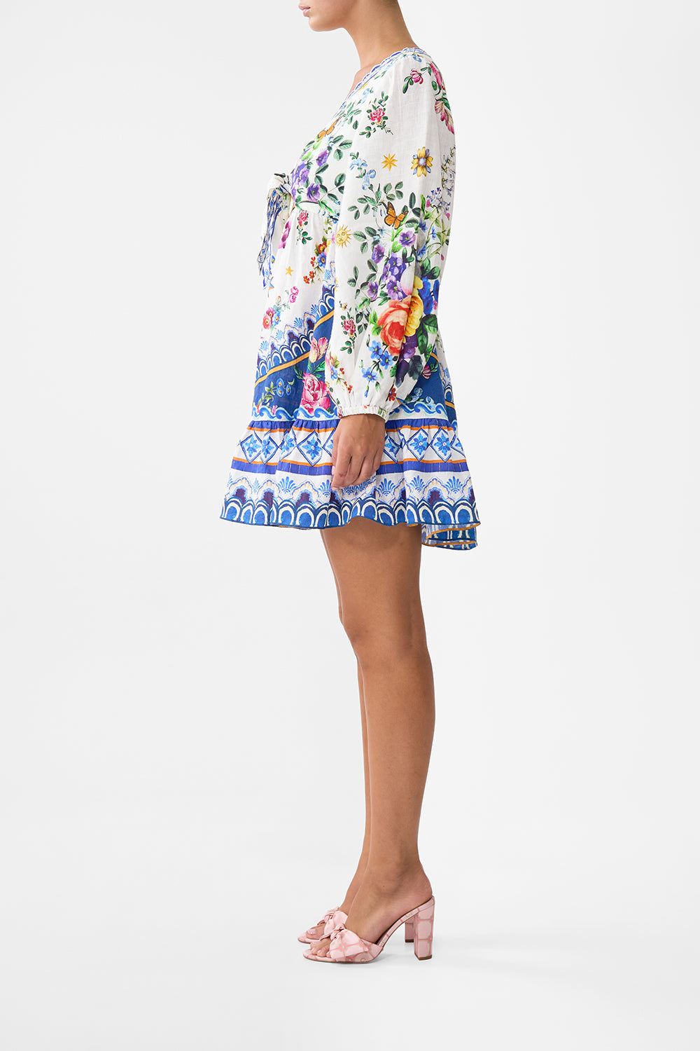 The CAMILLA SHORT TIE FRONT BLOUSON DRESS TILES DARLS in our  print.