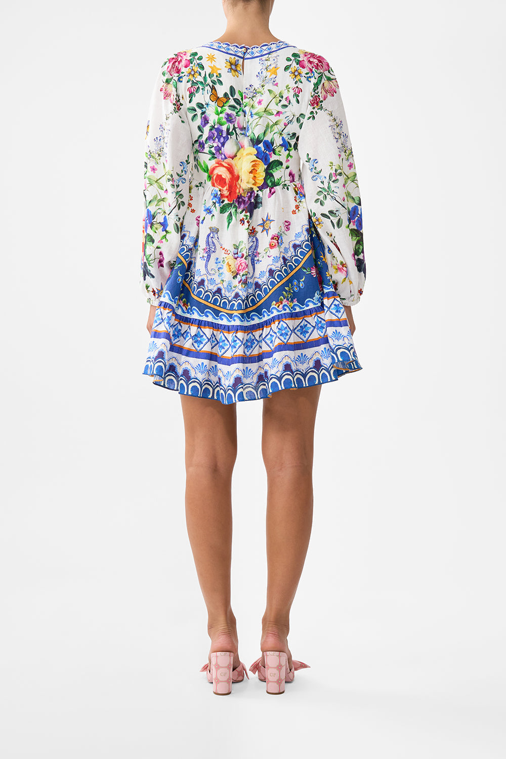 The CAMILLA SHORT TIE FRONT BLOUSON DRESS TILES DARLS in our  print.