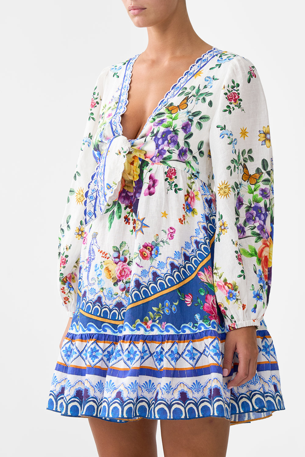 The CAMILLA SHORT TIE FRONT BLOUSON DRESS TILES DARLS in our  print.