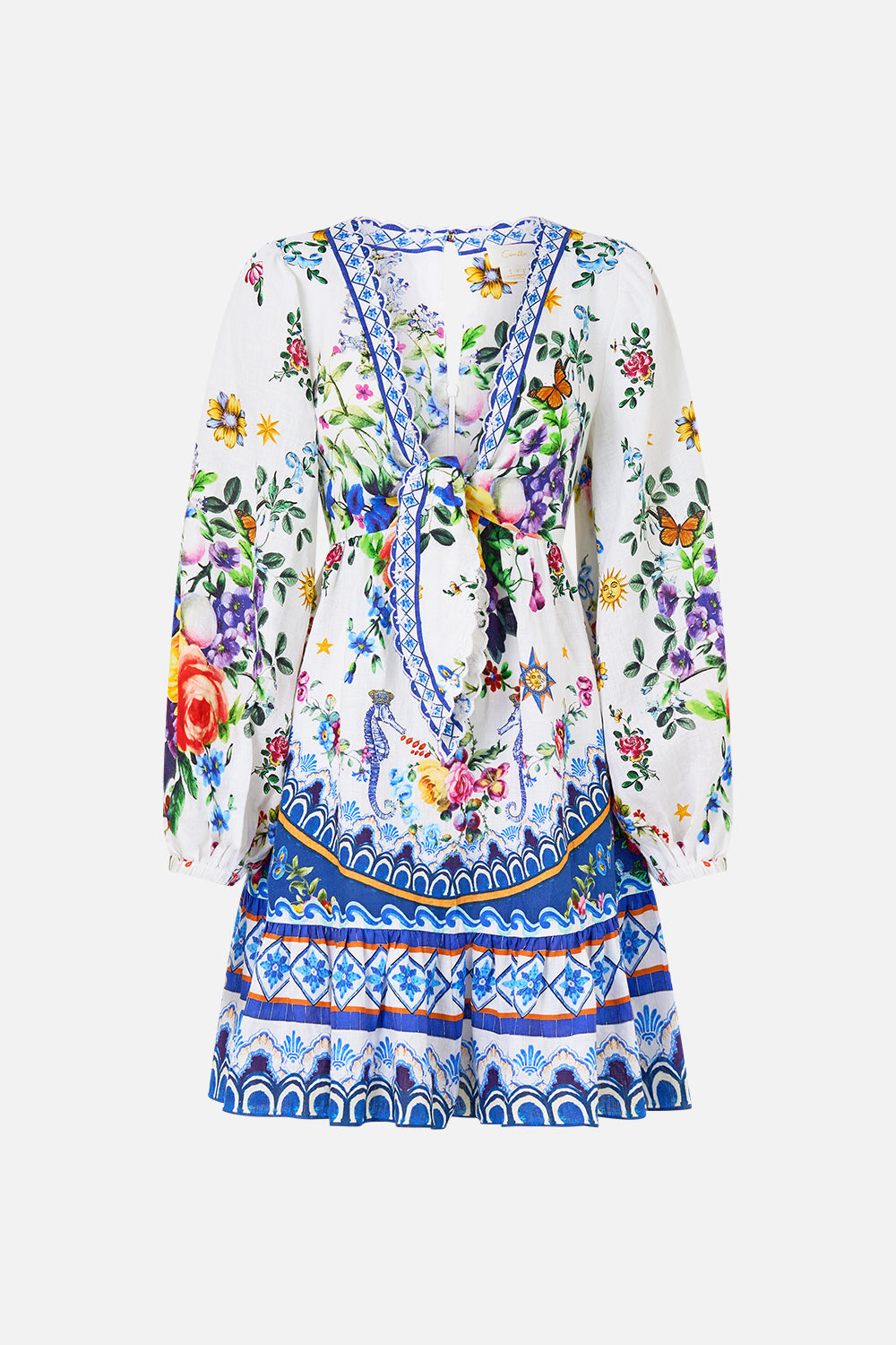 The CAMILLA SHORT TIE FRONT BLOUSON DRESS TILES DARLS in our  print.