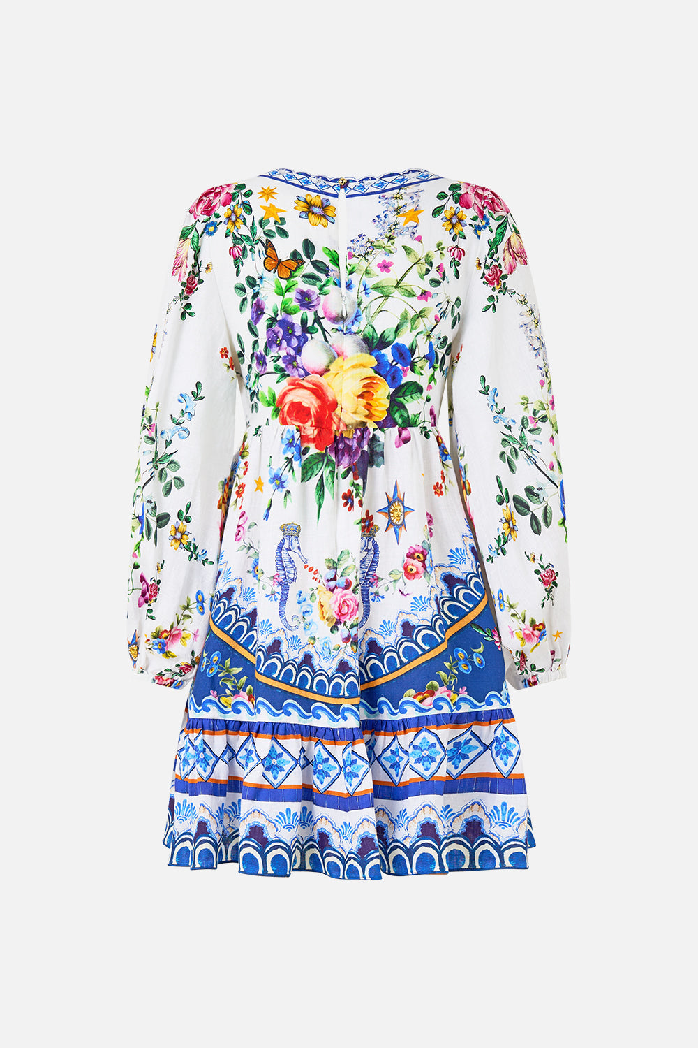 The CAMILLA SHORT TIE FRONT BLOUSON DRESS TILES DARLS in our  print.