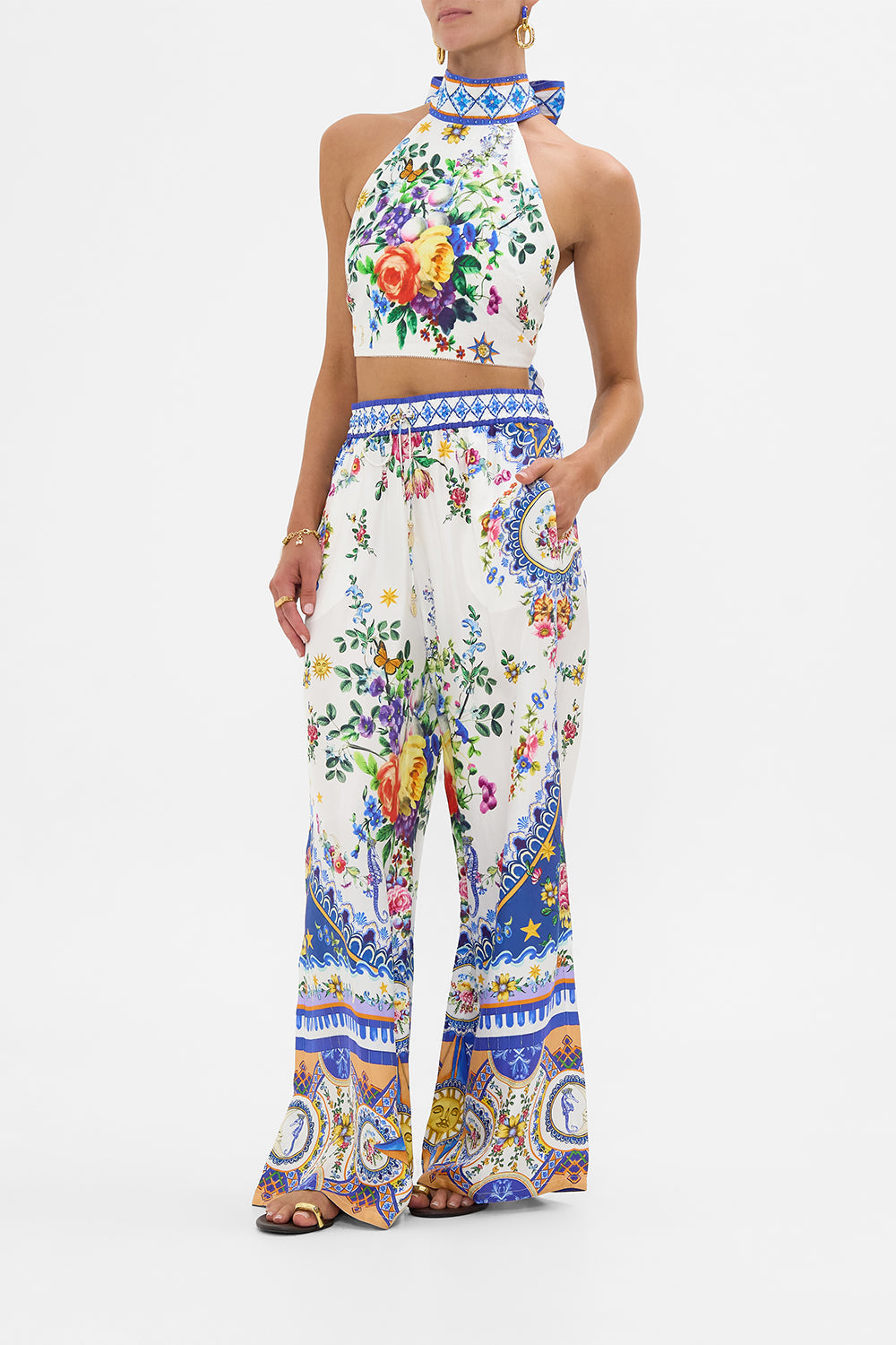 The CAMILLA Halter Tie Back Top in our Tiles Darls print.