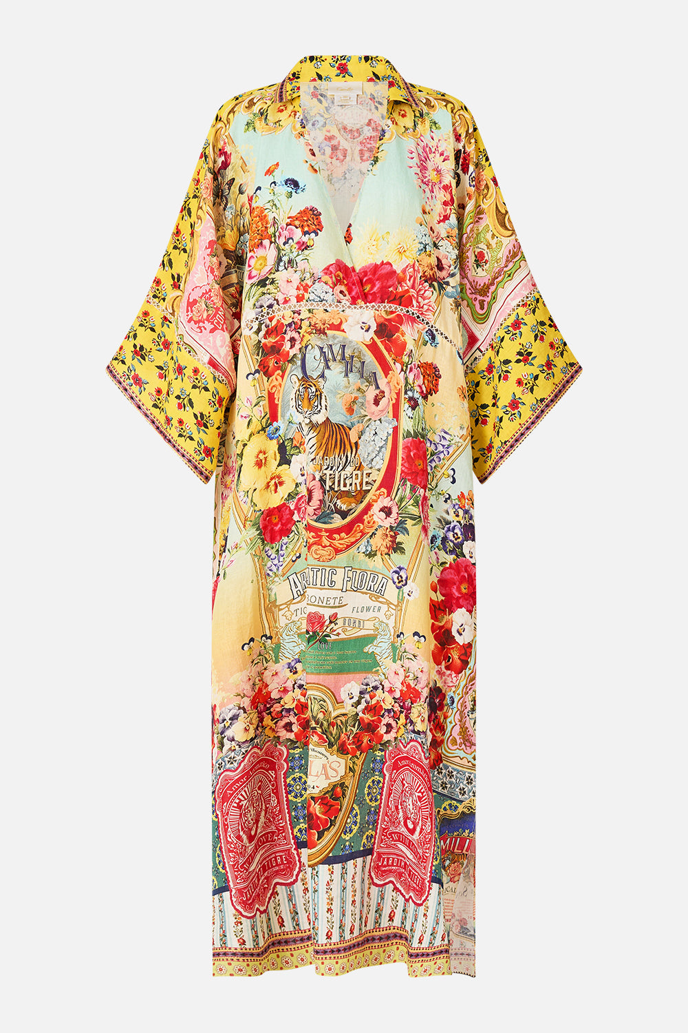 The CAMILLA DEEP V KAFTAN WITH CUT-OUT DETAIL AROMATIC TIGER FLOWER in our  print.