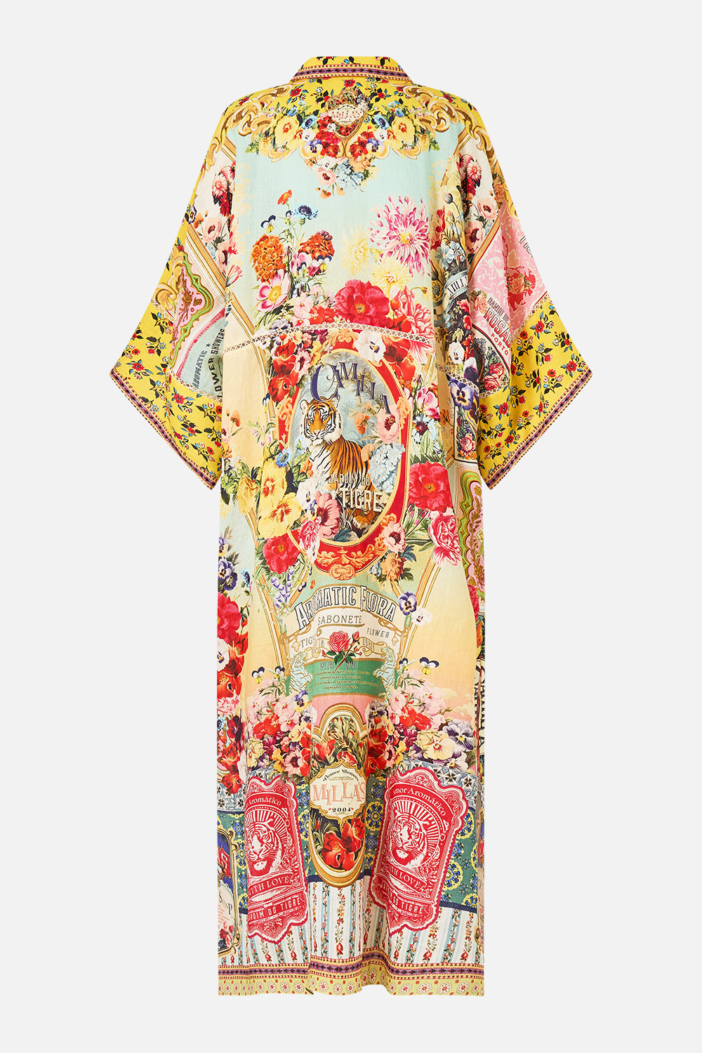 The CAMILLA DEEP V KAFTAN WITH CUT-OUT DETAIL AROMATIC TIGER FLOWER in our  print.