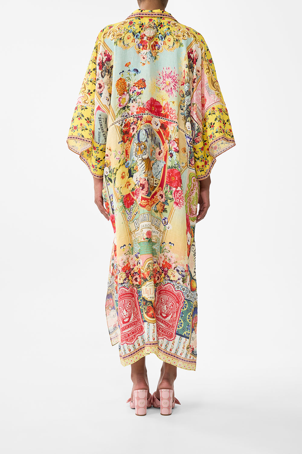 The CAMILLA DEEP V KAFTAN WITH CUT-OUT DETAIL AROMATIC TIGER FLOWER in our  print.