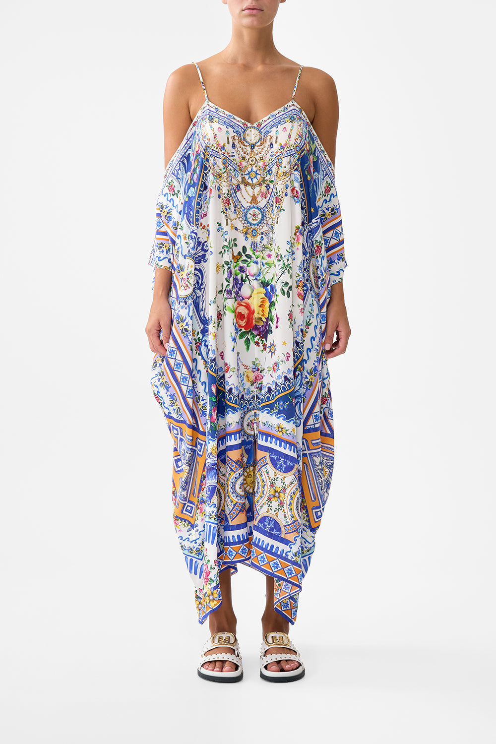 The CAMILLA DROP SHOULDER STRAP KAFTAN TILES DARLS in our TILES DARLS print.