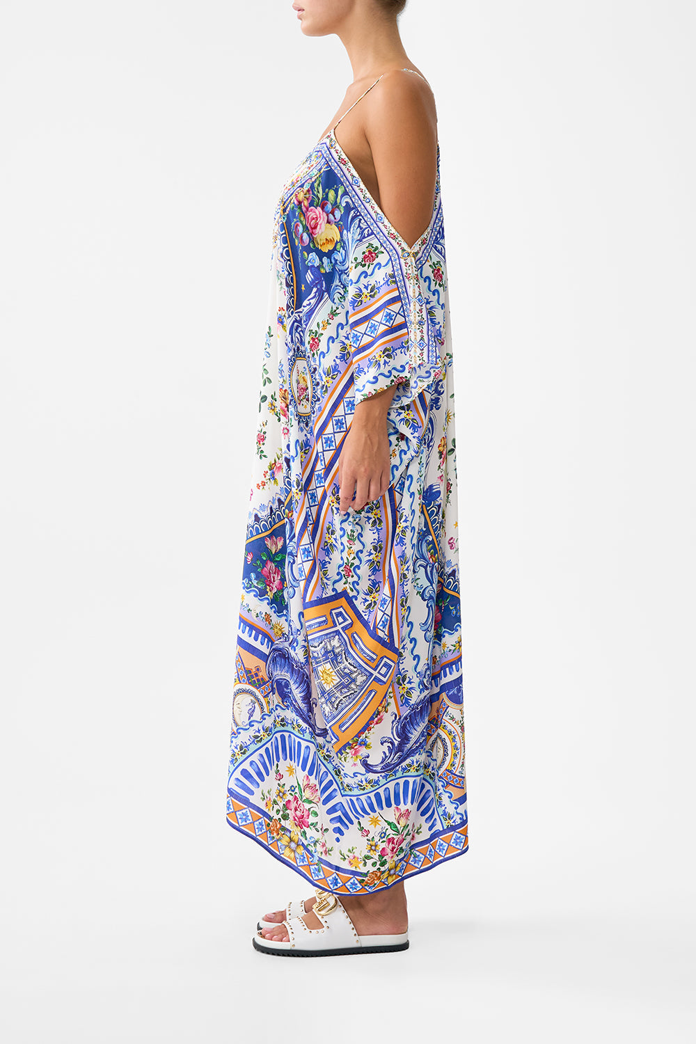 The CAMILLA DROP SHOULDER STRAP KAFTAN TILES DARLS in our  print.