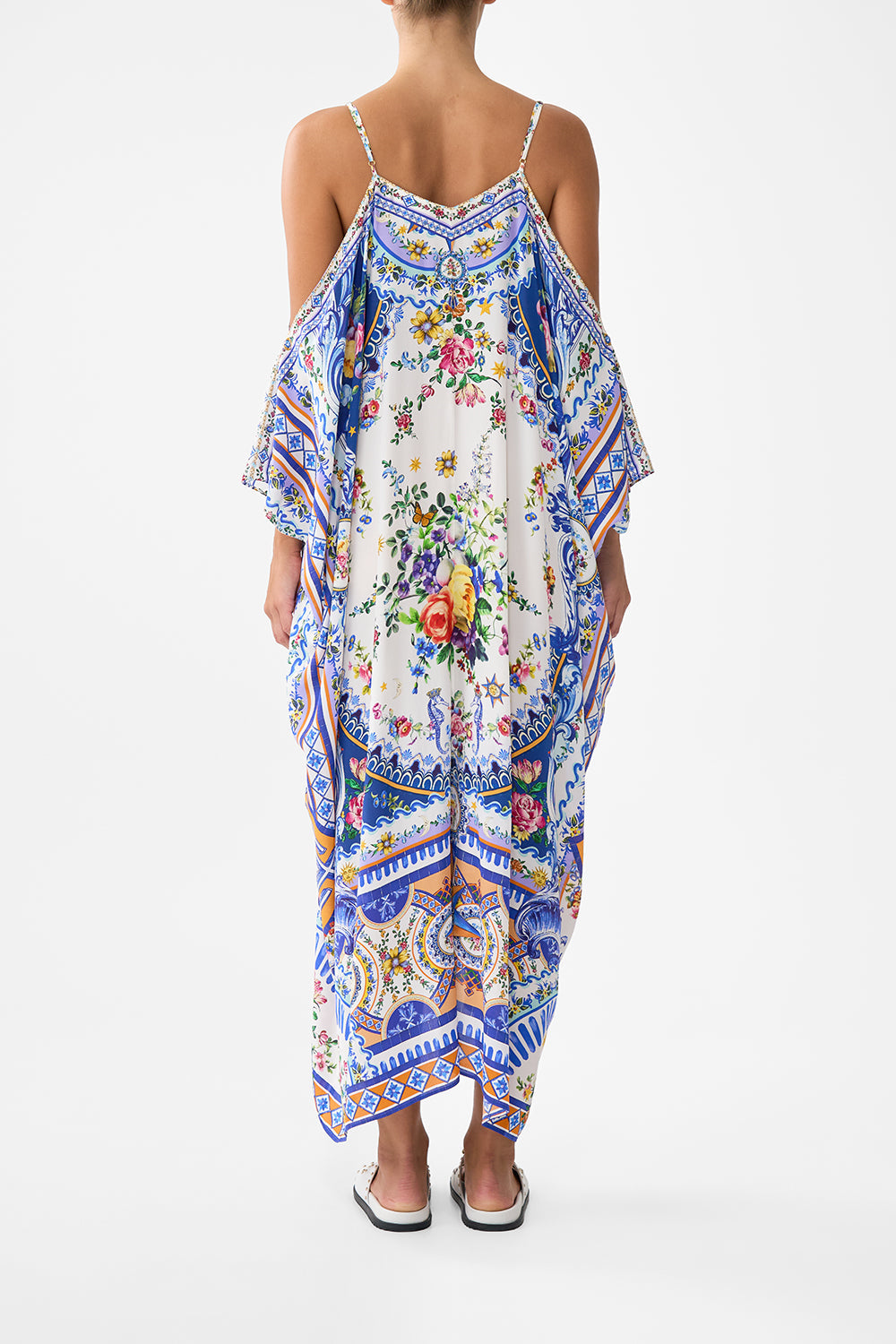 The CAMILLA DROP SHOULDER STRAP KAFTAN TILES DARLS in our  print.