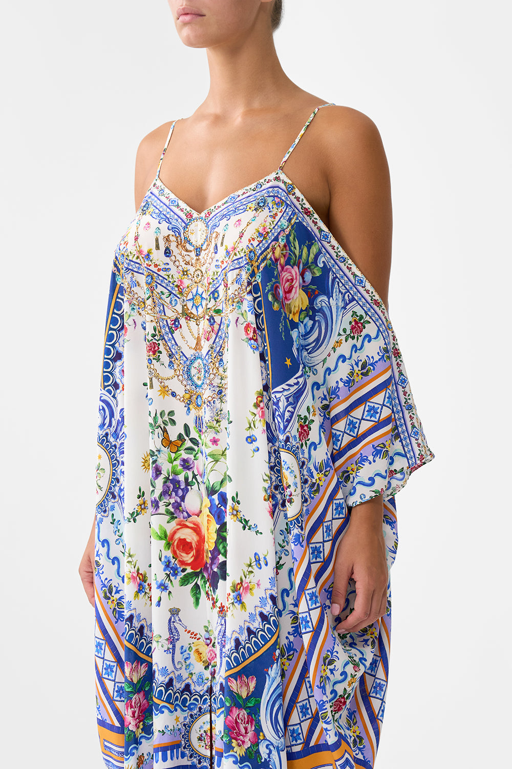 The CAMILLA DROP SHOULDER STRAP KAFTAN TILES DARLS in our  print.