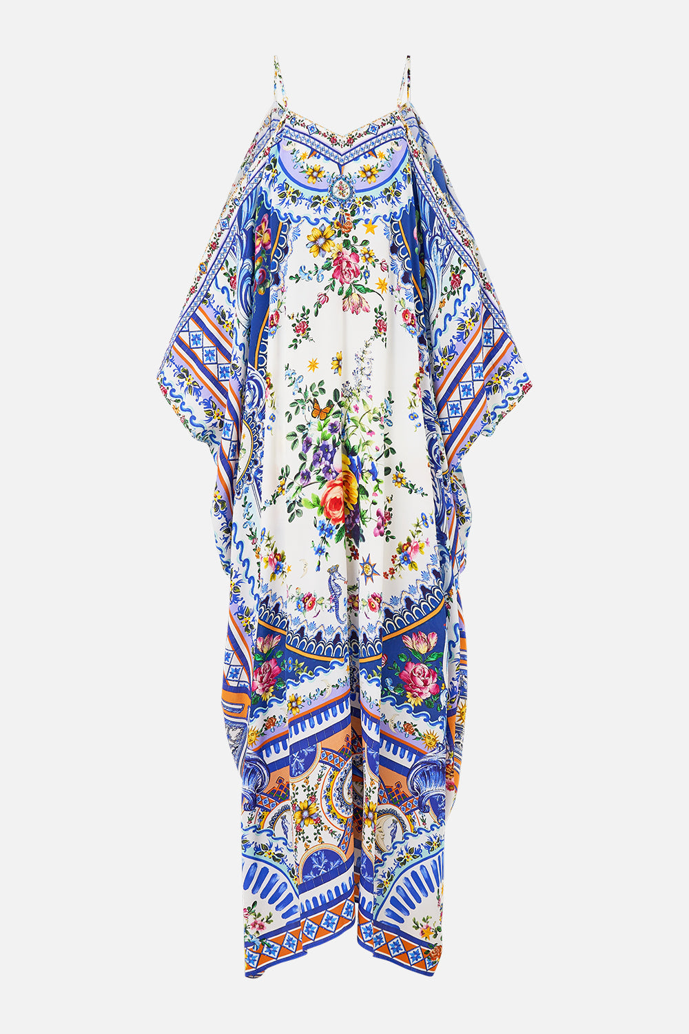 The CAMILLA DROP SHOULDER STRAP KAFTAN TILES DARLS in our  print.