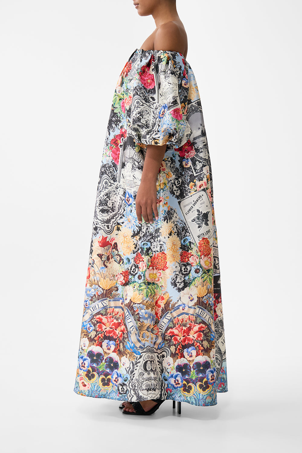 The CAMILLA Off Shoulder Long Puff Dress in our Flower Showers print.