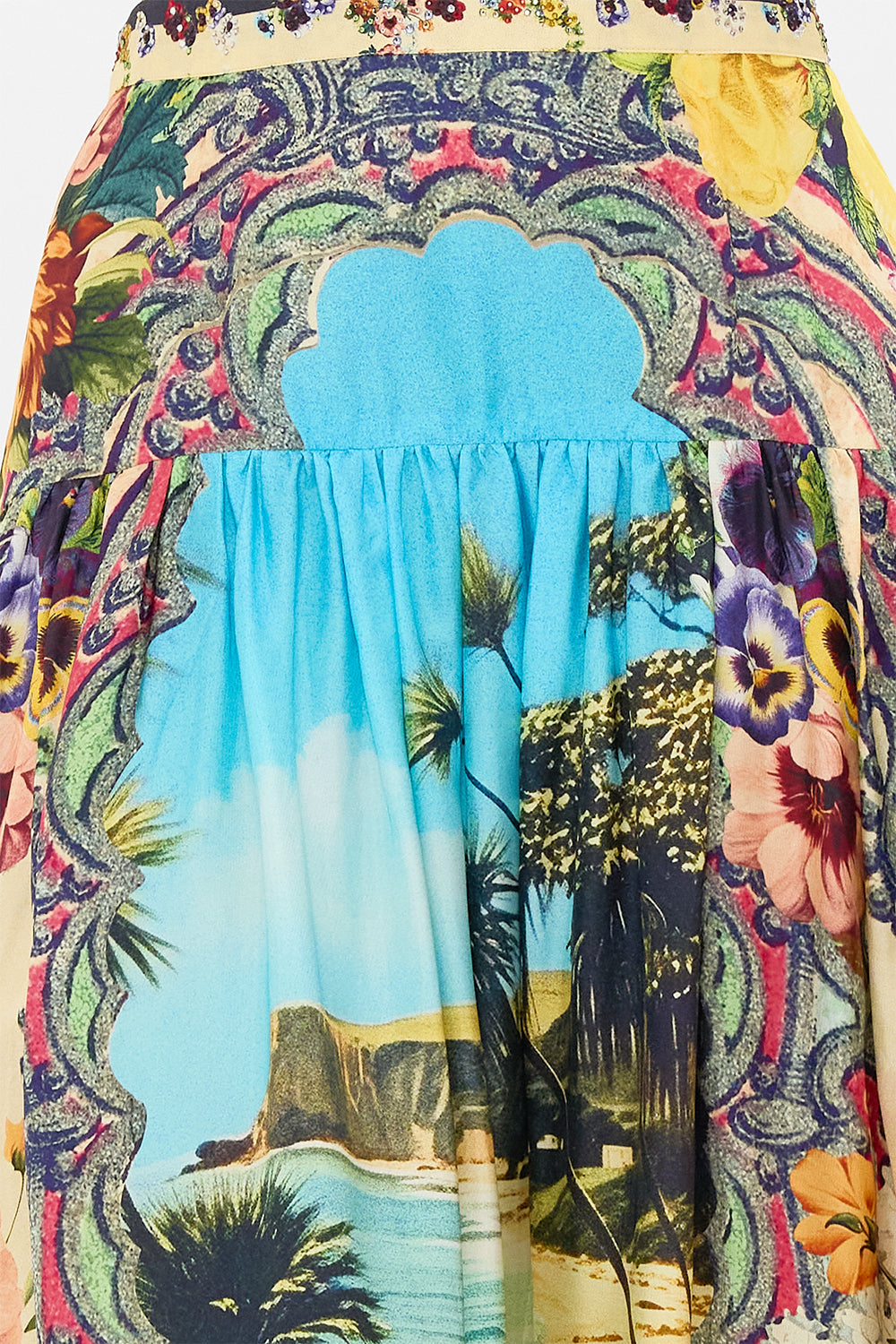 The CAMILLA Fitted Waist Gathered Skirt in our Bathing Bombshell print.