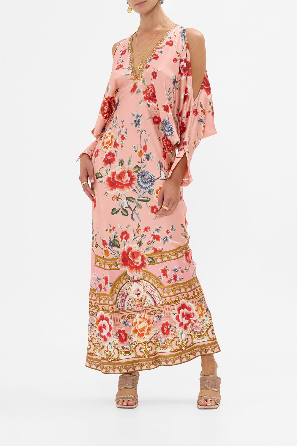 The CAMILLA Plunge Neck Draped Shoulder Dress in our Majestic Milla print.