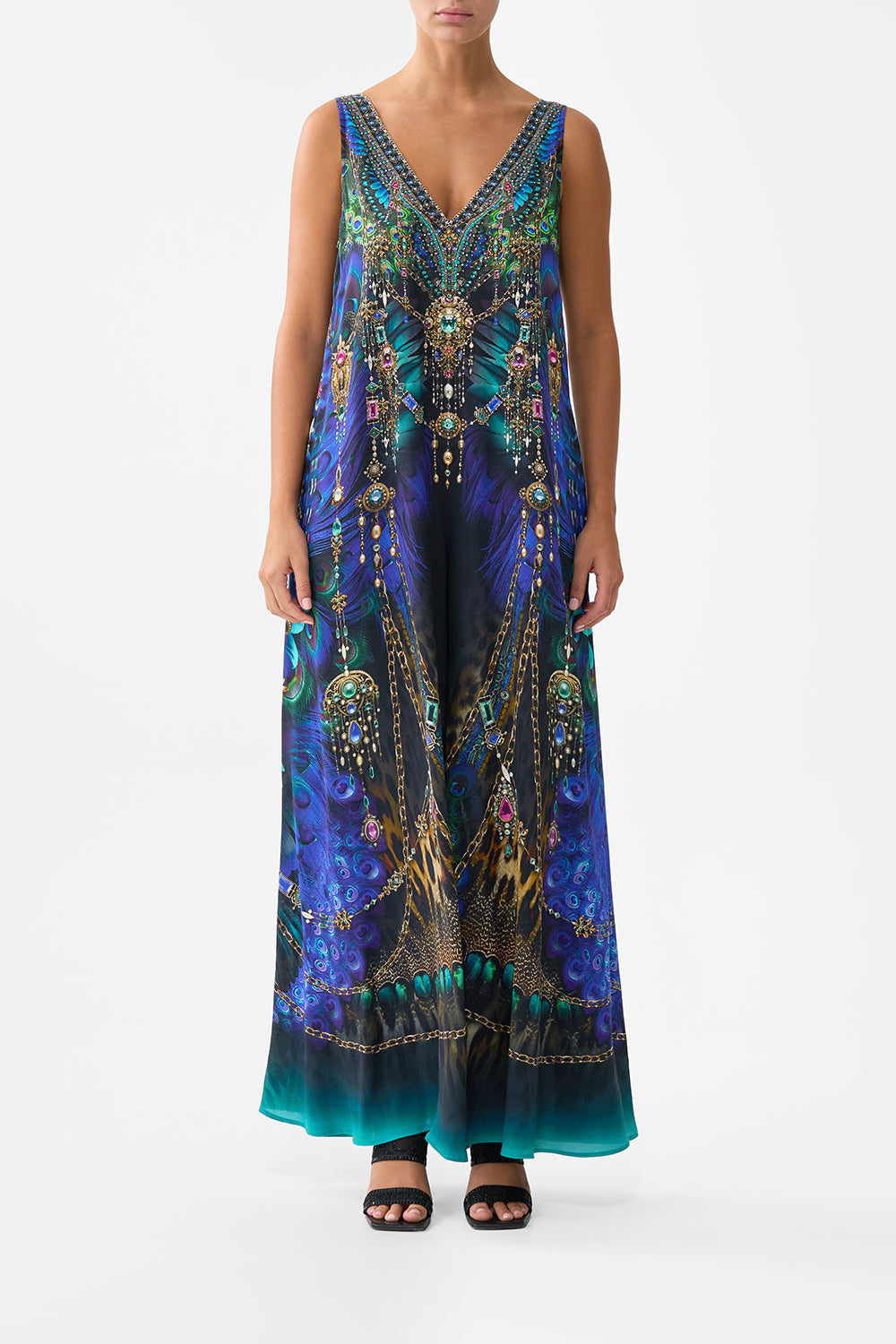 The CAMILLA V NECK FLARED JUMPSUIT DOMINICAN DECADENCE in our DOMINICAN DECADENCE print.