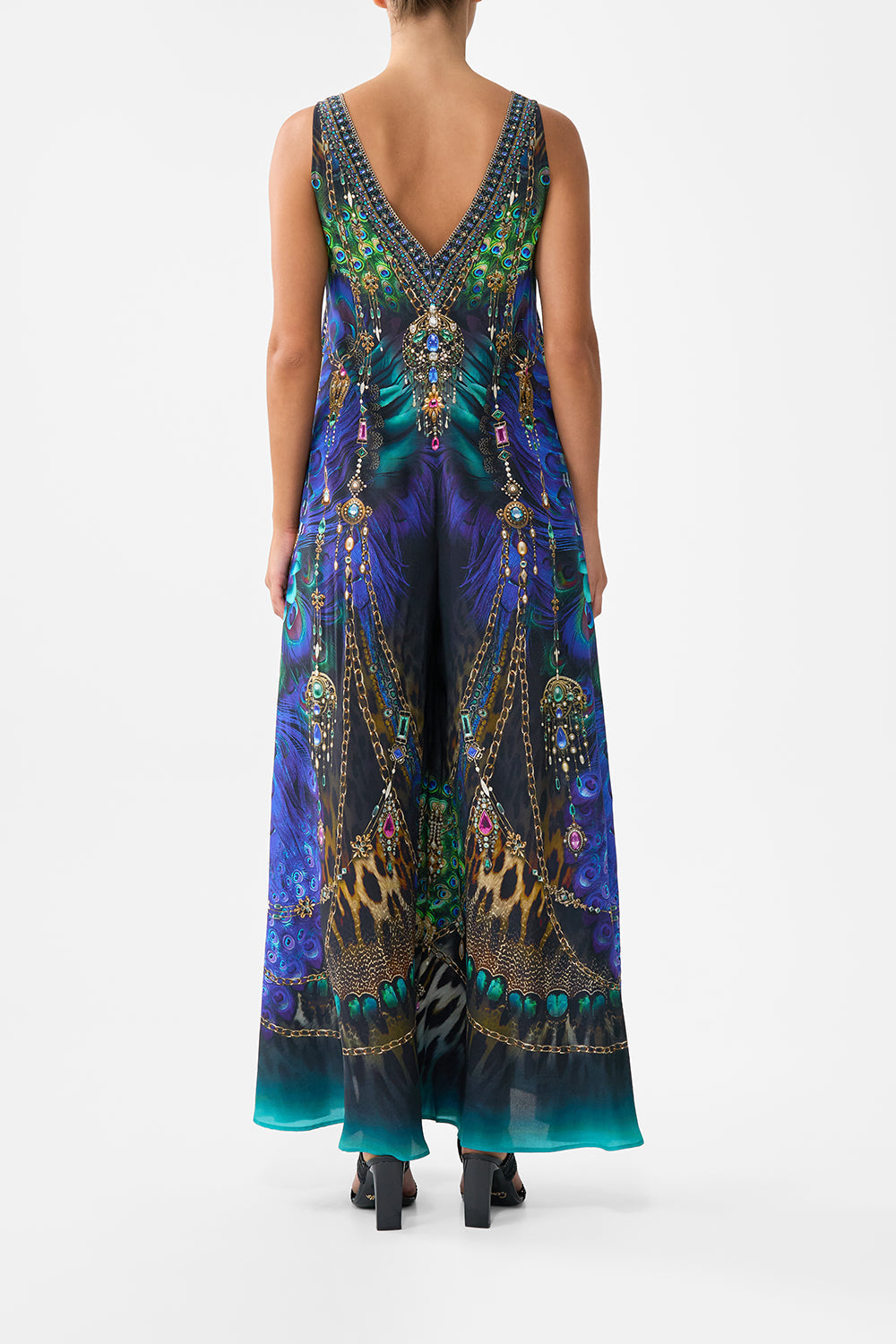 The CAMILLA V NECK FLARED JUMPSUIT DOMINICAN DECADENCE in our  print.