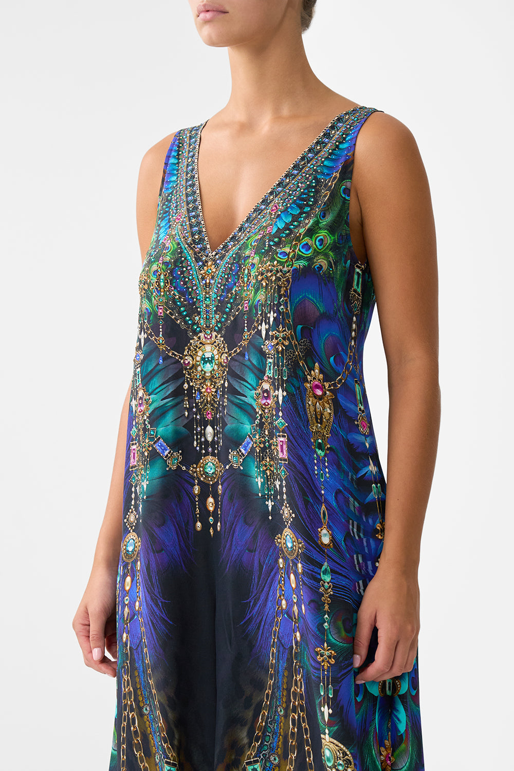 The CAMILLA V NECK FLARED JUMPSUIT DOMINICAN DECADENCE in our  print.