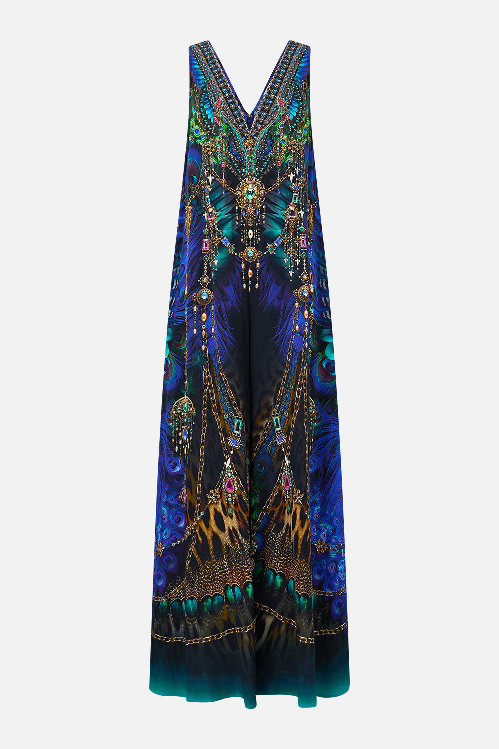 The CAMILLA V NECK FLARED JUMPSUIT DOMINICAN DECADENCE in our  print.