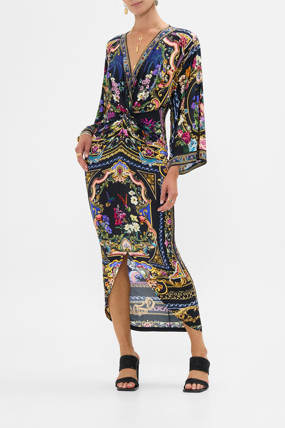 The CAMILLA Long Split Front Twist Dress in our Basked In Baroque print.