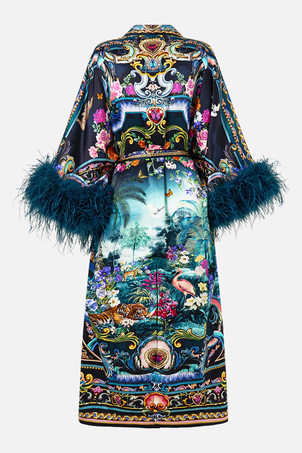The CAMILLA Long Robe With Narrow Collar And Feathers in our Basked In Baroque print.