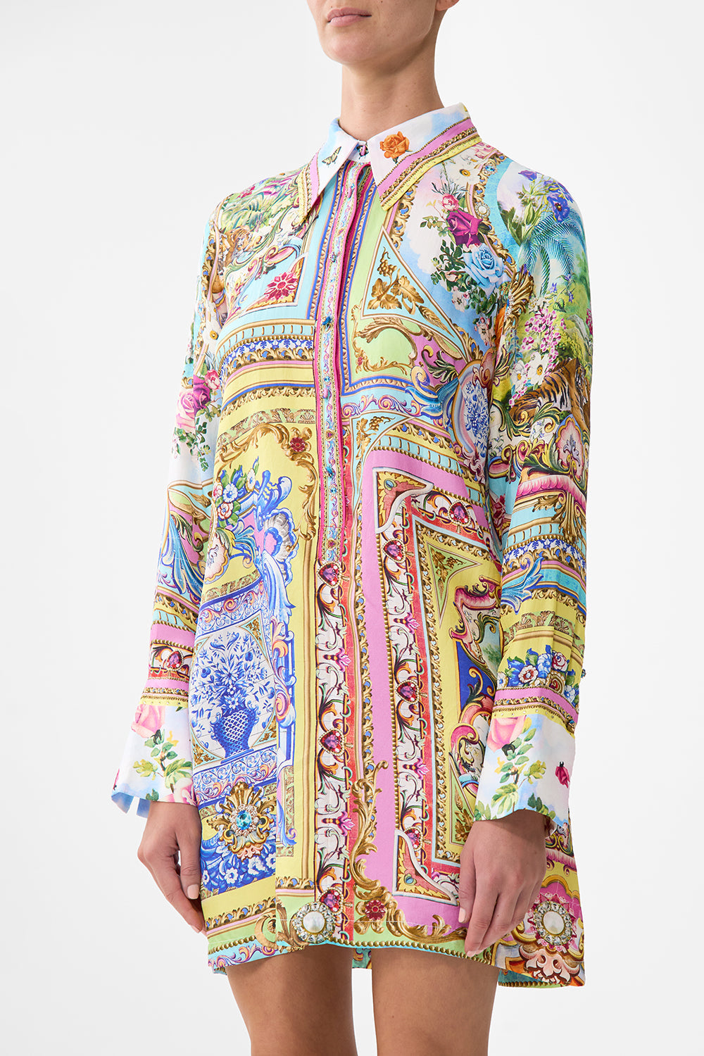 The CAMILLA MINI SHIRT DRESS SPIRIT OF SANTA MARIA in our  print.