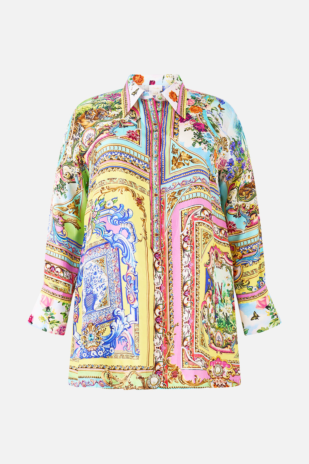 The CAMILLA MINI SHIRT DRESS SPIRIT OF SANTA MARIA in our  print.