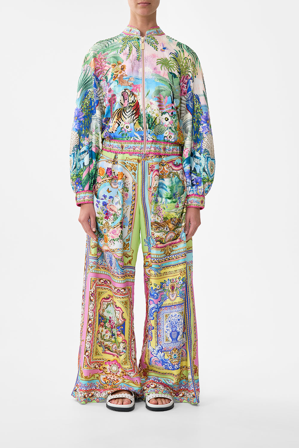 The CAMILLA BLOUSON SLEEVE BOMBER SPIRIT OF SANTA MARIA in our SPIRIT OF SANTA MARIA print.