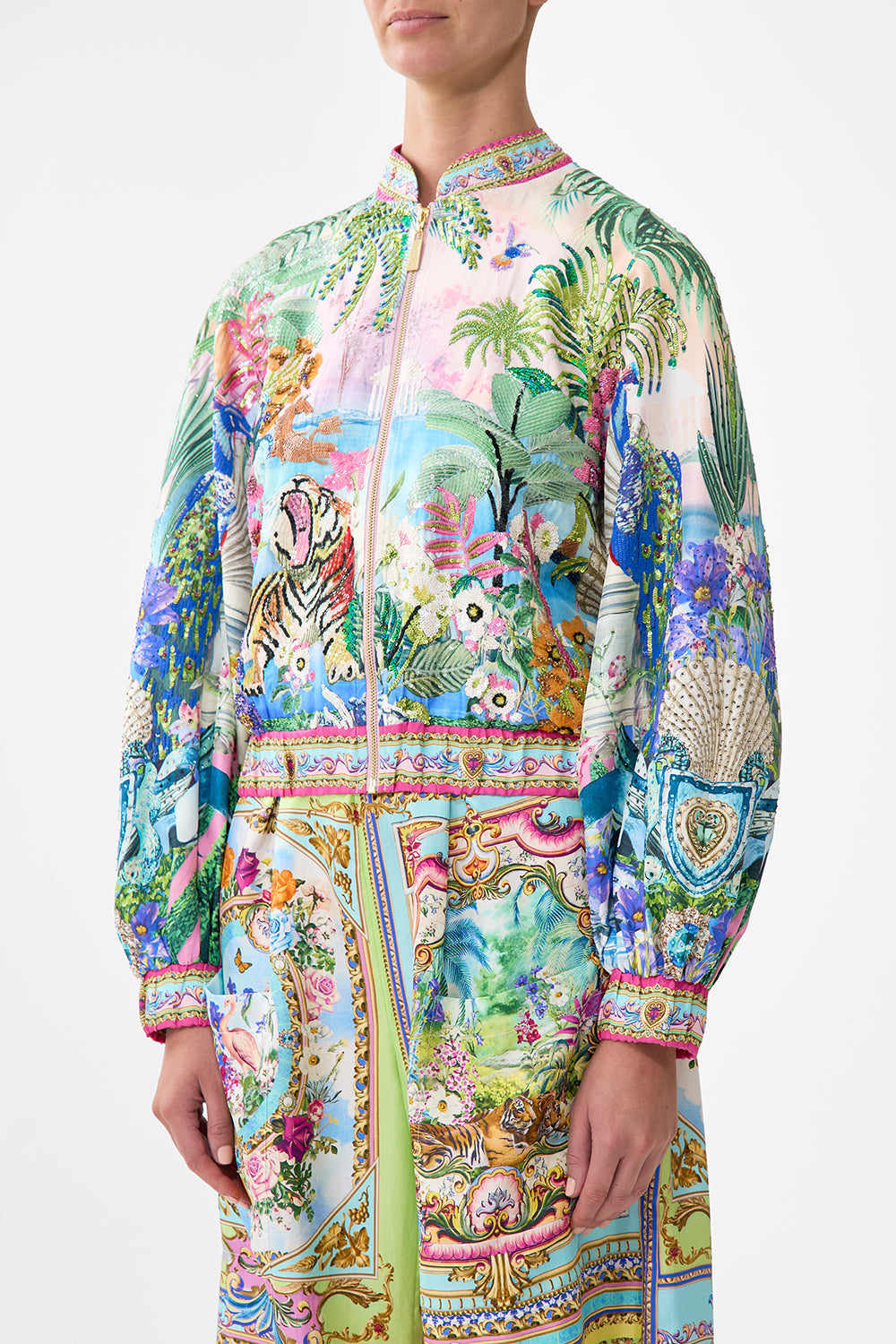 The CAMILLA BLOUSON SLEEVE BOMBER SPIRIT OF SANTA MARIA in our  print.