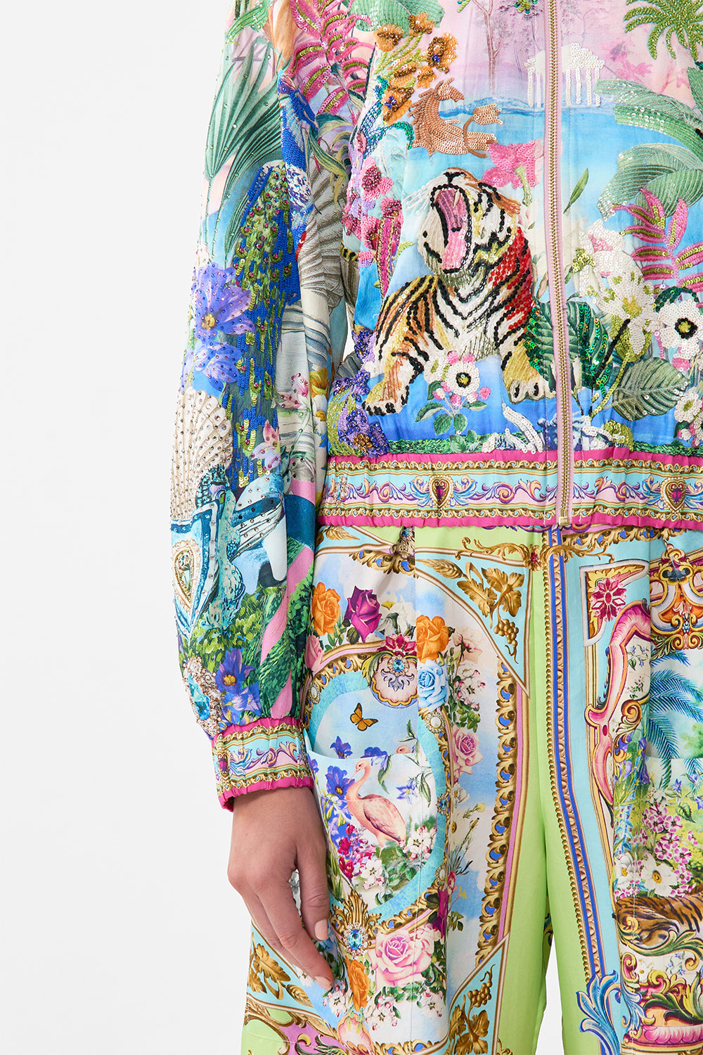 The CAMILLA BLOUSON SLEEVE BOMBER SPIRIT OF SANTA MARIA in our  print.