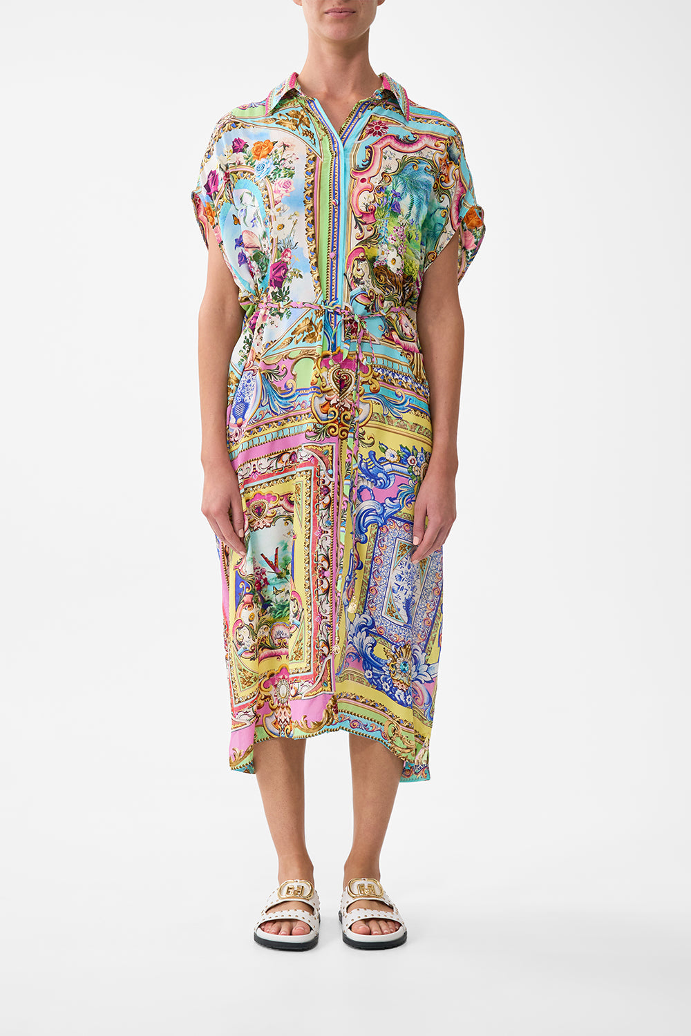 The CAMILLA SLEEVELESS SHIRTDRESS SPIRIT OF SANTA MARIA in our SPIRIT OF SANTA MARIA print.