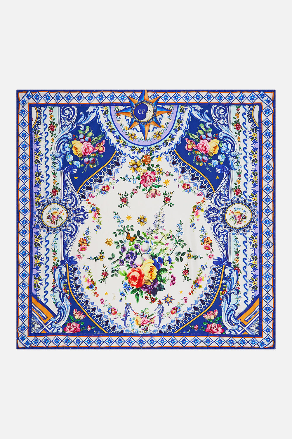The CAMILLA Large Crystalled Silk Square Scarf in our Tiles Darls print.