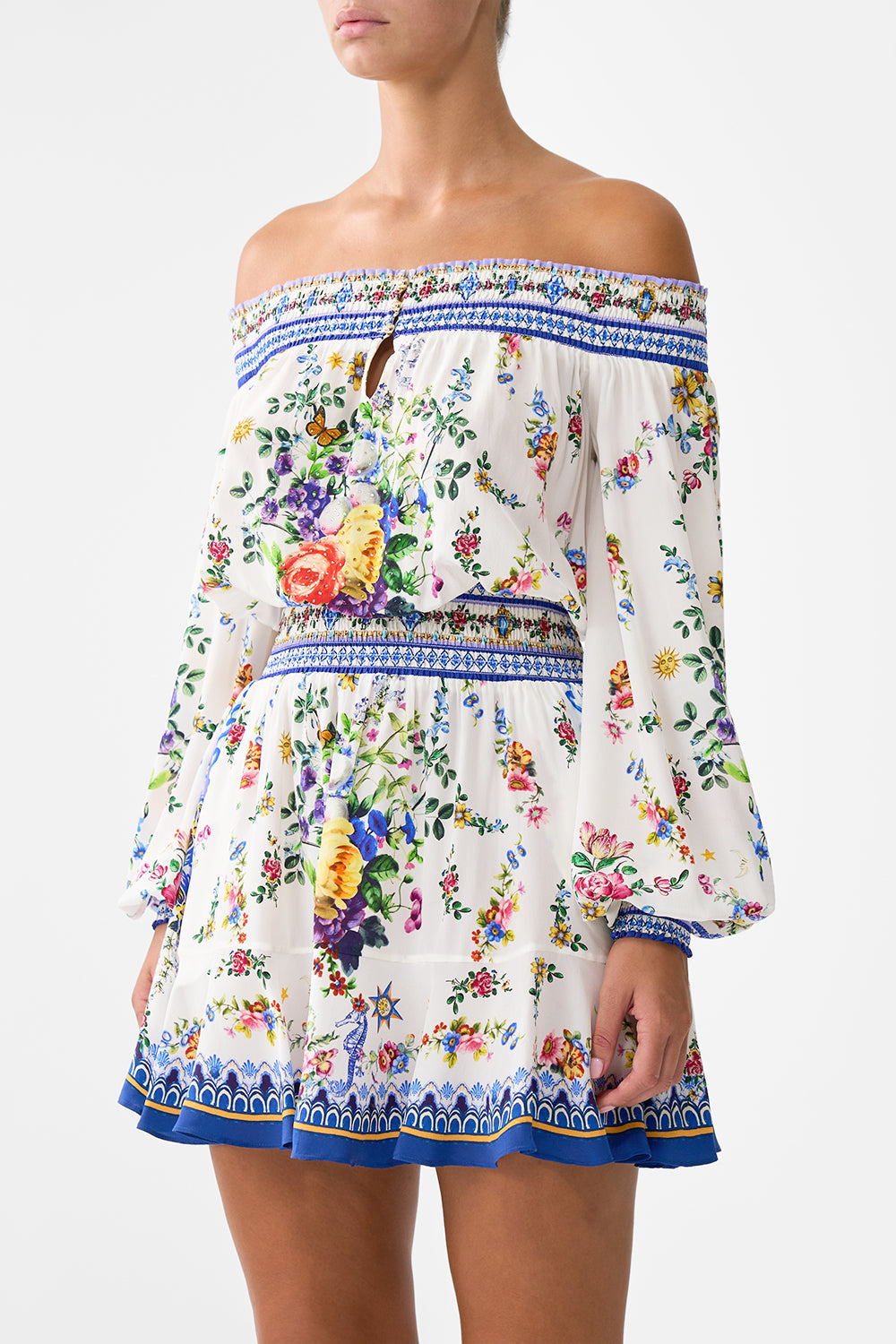 The CAMILLA OFF SHOULDER SHORT DRESS TILES DARLS in our  print.