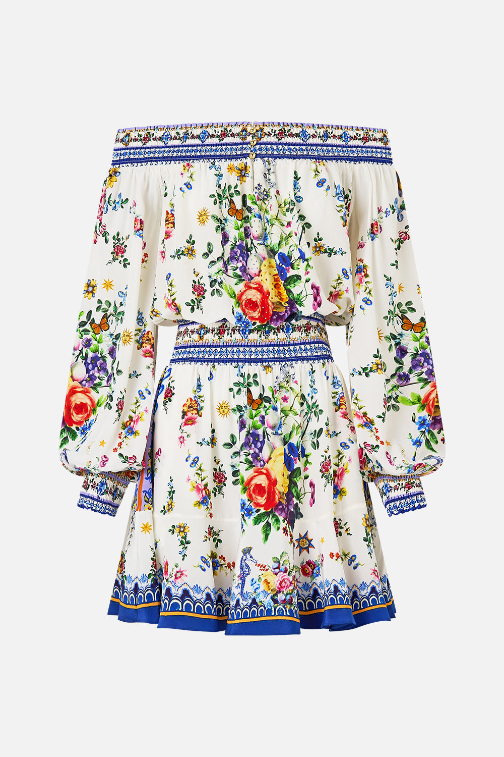 The CAMILLA OFF SHOULDER SHORT DRESS TILES DARLS in our  print.