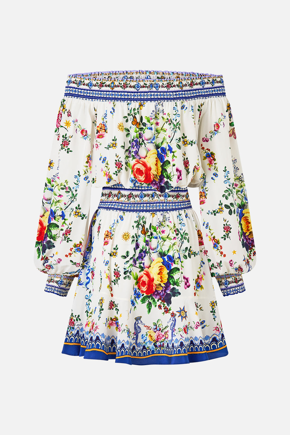 The CAMILLA OFF SHOULDER SHORT DRESS TILES DARLS in our  print.