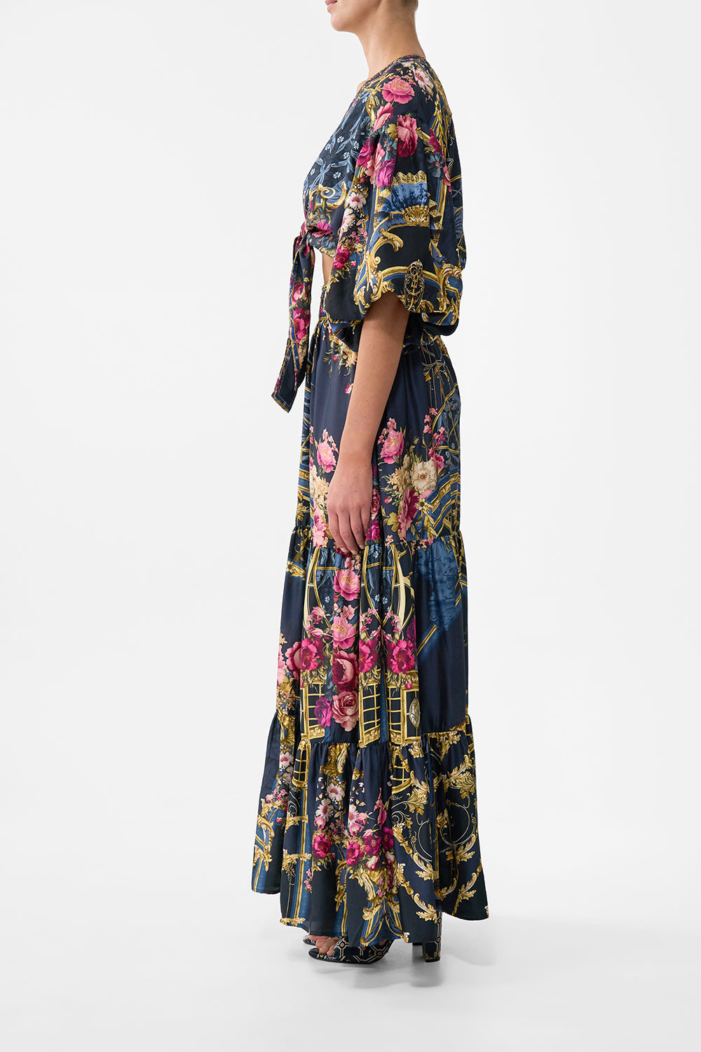 The CAMILLA Tie Front Puff Sleeve Top in our Ornate On A Plate print.