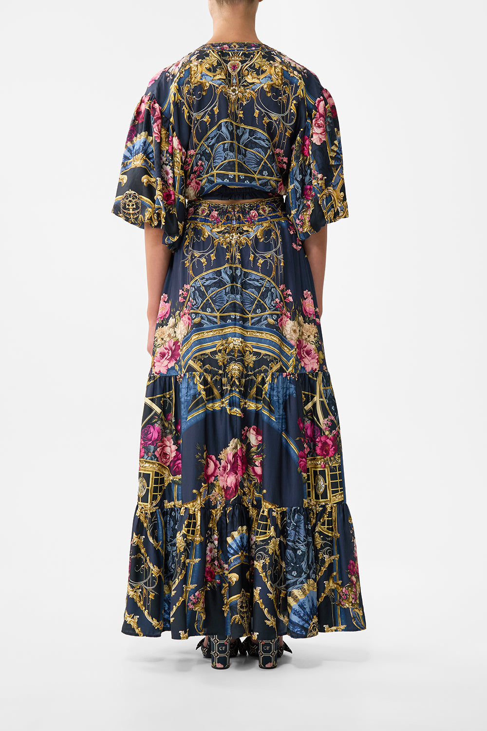 The CAMILLA Tie Front Puff Sleeve Top in our Ornate On A Plate print.