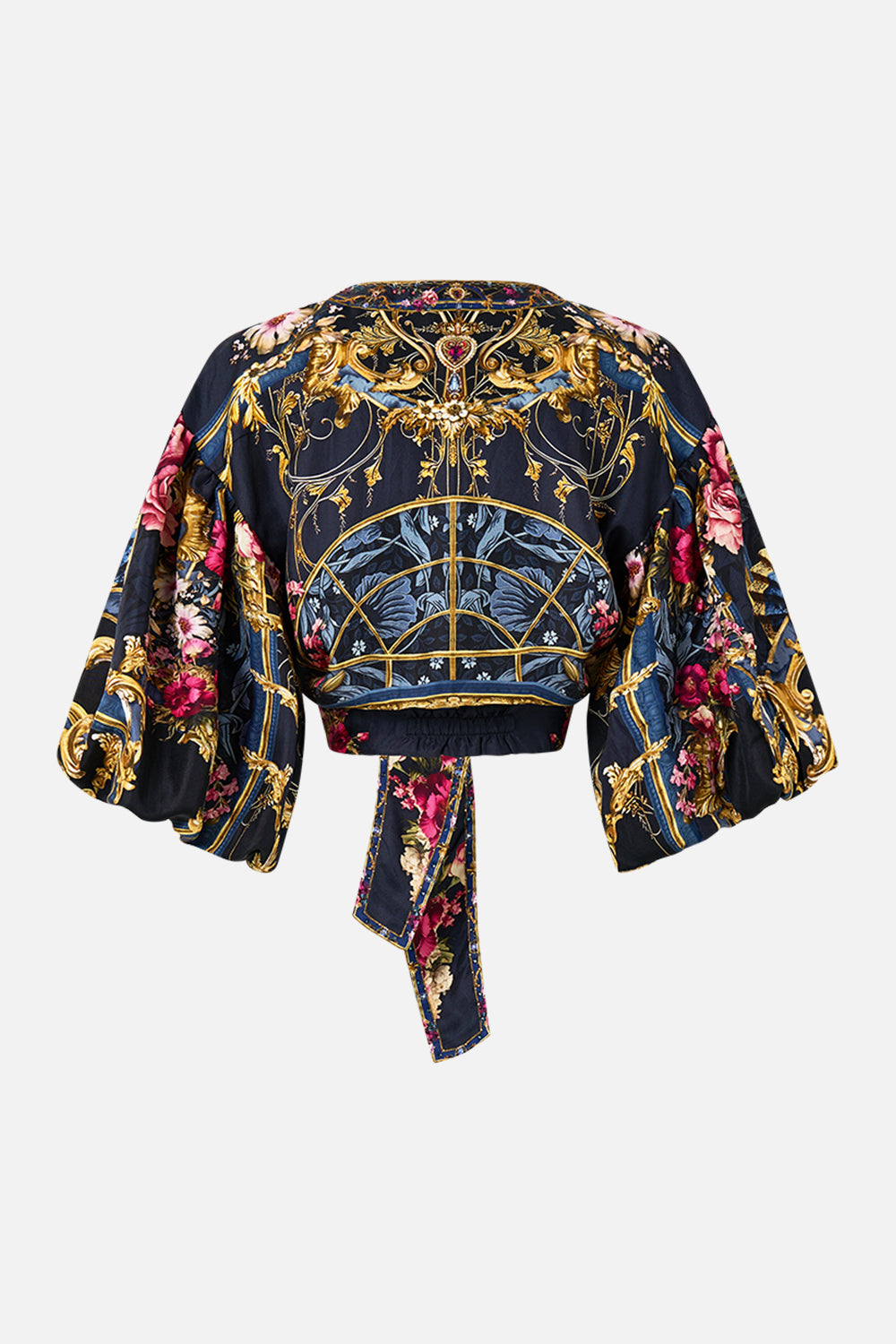 The CAMILLA TIE FRONT PUFF SLEEVE TOP ORNATE ON A PLATE in our  print.