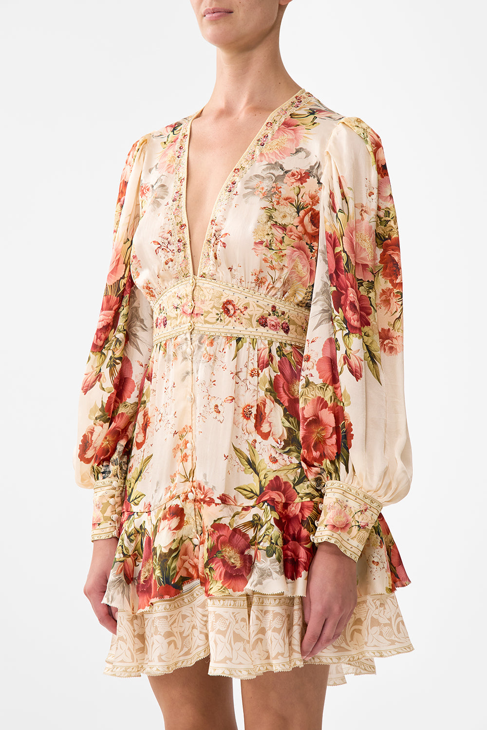 The CAMILLA Button Front Frill Dress in our Meet Me At The Majestic print.